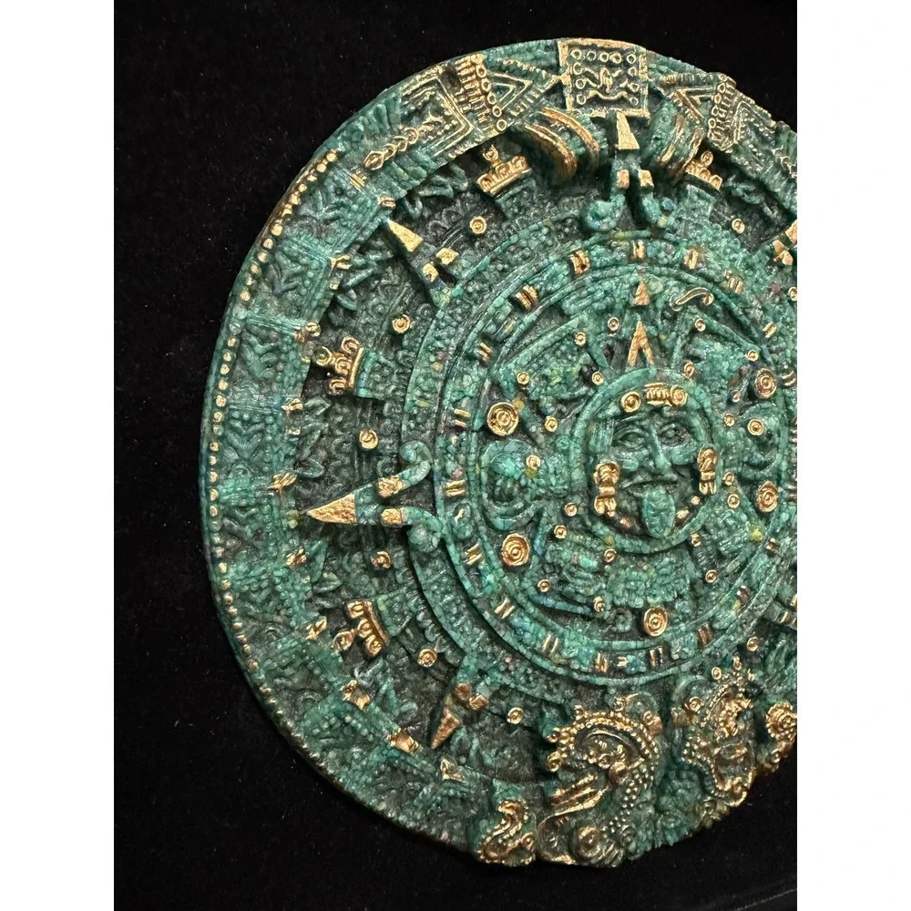 Aztec Sun Stone Wall Plaque Large Green Gold  Calendar Wall